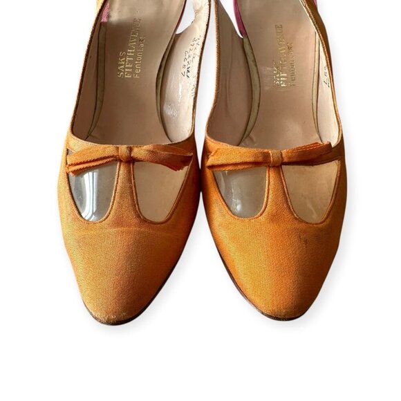 Vintage Saks Fifth Avenue Slingback Heels | Orange Pink Satin | Clear Vinyl Inse - Picture 7 of 14